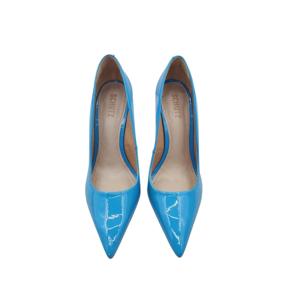 Schutz Women's Lou Patent Bright Ocean Stiletto Pointed Toe Pump Shoes - 9 - Picture 2 of 10